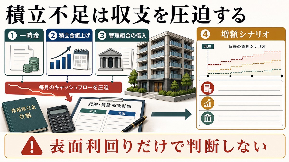 積立不足のリスクと、収支への織り込みの要点を整理した図解