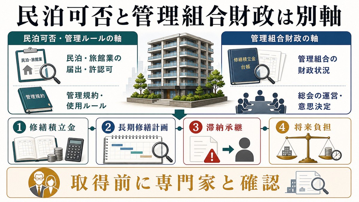 まとめ——「民泊の可否だけでなく、管理組合の財政まで取得前に見る」の要点を整理した図解