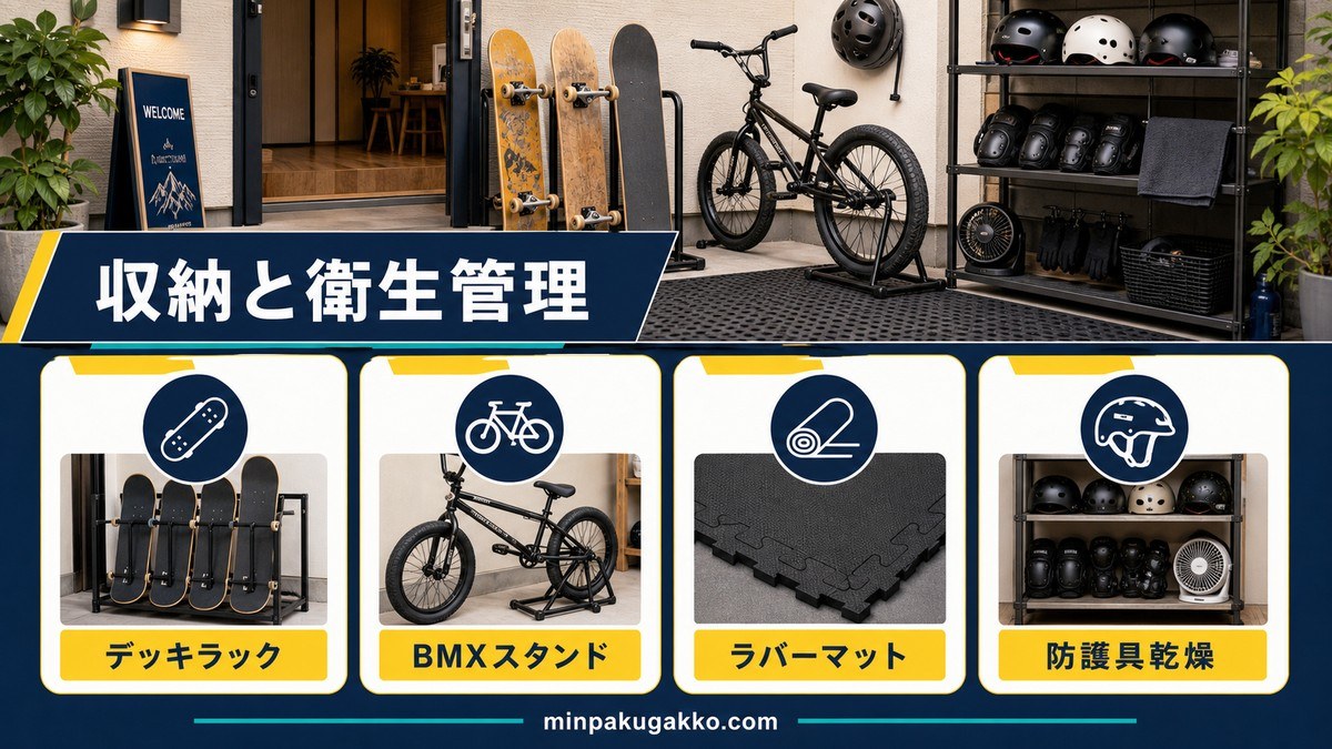 デッキラック・BMXスタンド・ラバーマット・防護具乾燥で収納と衛生管理を行う図