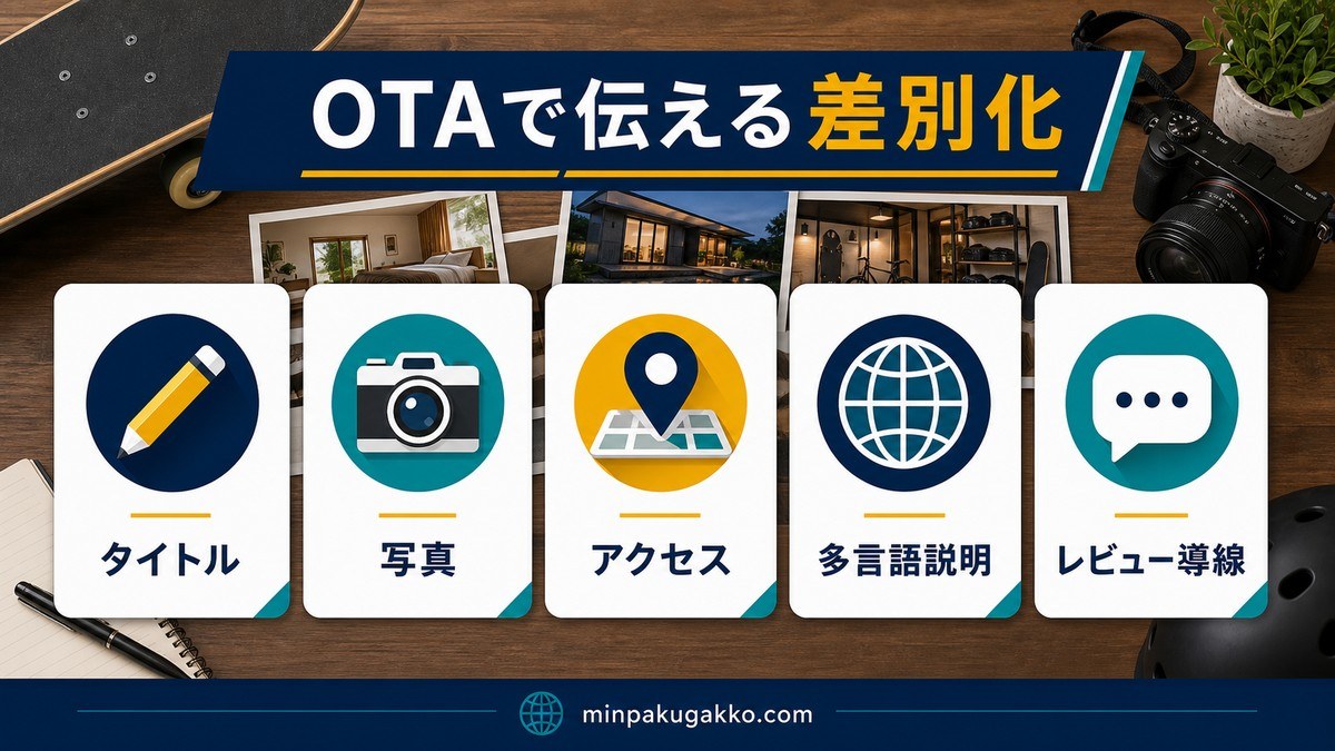 OTAで伝える差別化としてタイトル・写真・アクセス・多言語説明・レビュー導線を整理した画像