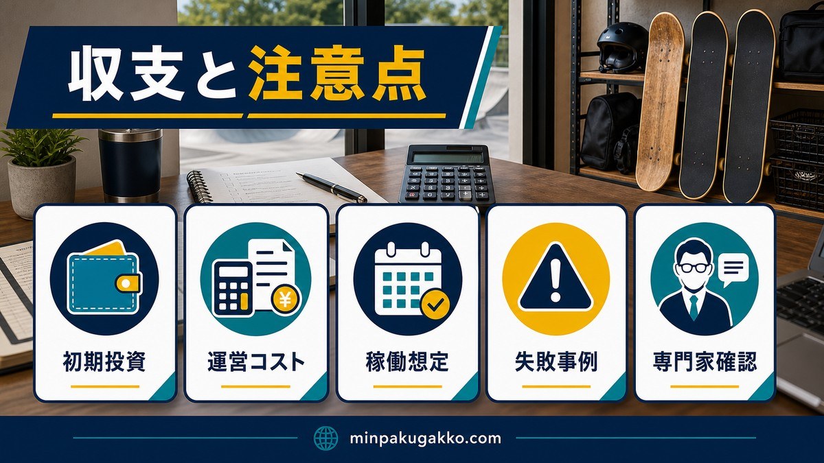 収支と注意点として初期投資・運営コスト・稼働想定・失敗事例・専門家確認を整理した画像