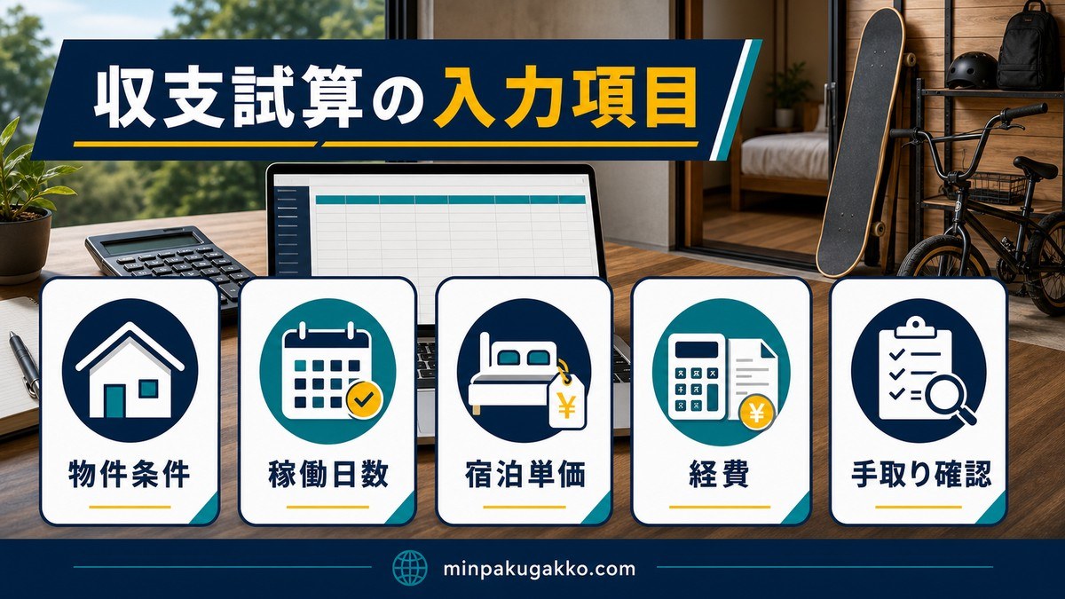 収支試算の入力項目として物件条件・稼働日数・宿泊単価・経費・手取り確認を整理した画像