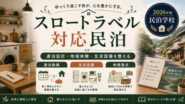 スロートラベル対応民泊の連泊動線、生活設備、地域接点を整理した図