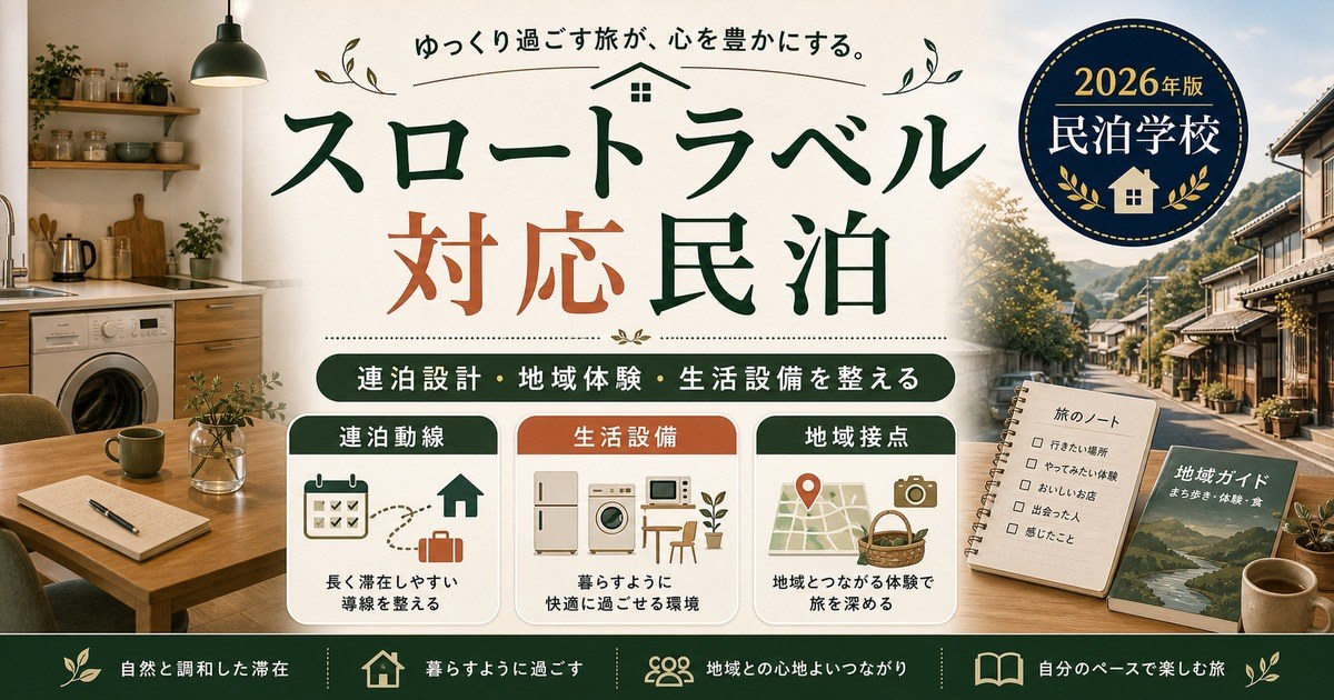 スロートラベル対応民泊の連泊動線、生活設備、地域接点を整理した図