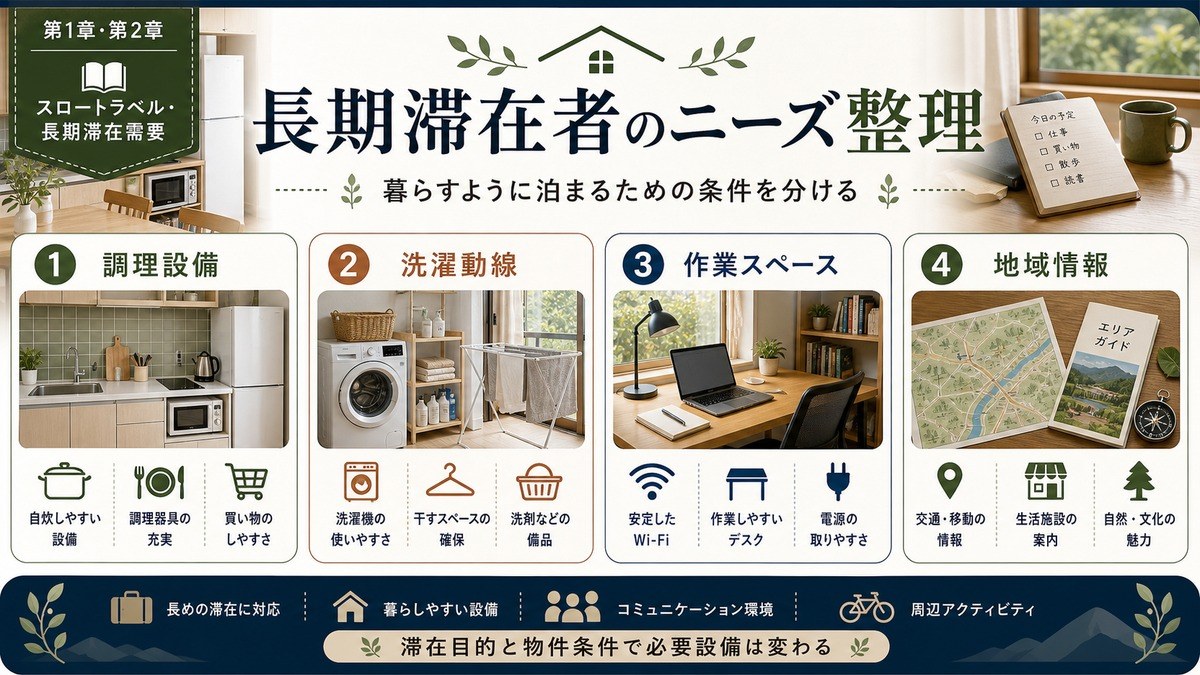 長期滞在者のニーズを調理設備、洗濯動線、作業スペース、地域情報で整理した図