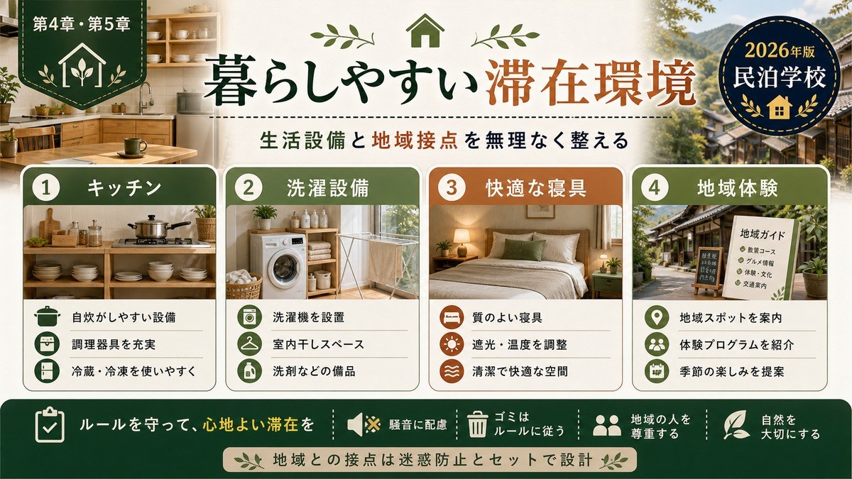暮らしやすい滞在環境をキッチン、洗濯設備、快適な寝具、地域体験で整理した図