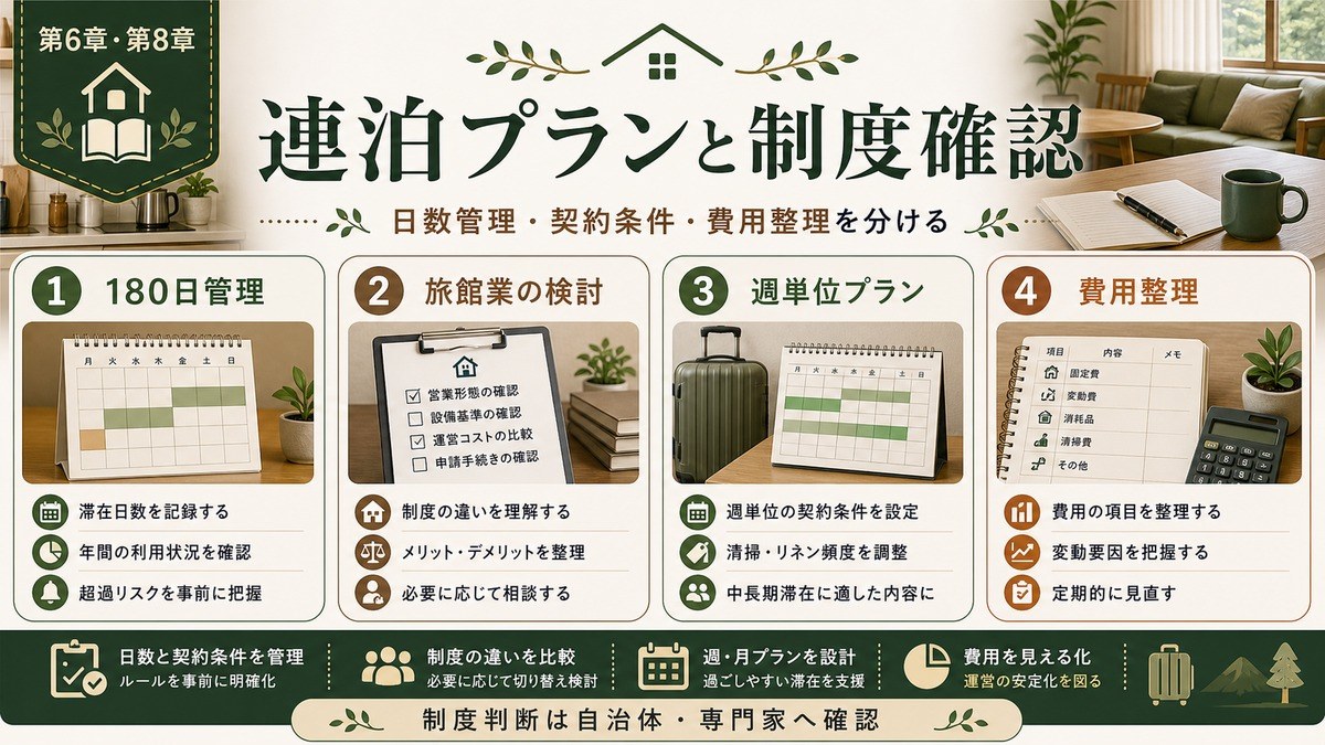 スロートラベル民泊の連泊プランと制度確認を180日管理、旅館業検討、週単位プラン、費用整理で示した図