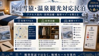 雪猿・温泉観光対応民泊の冬季アクセス、防寒設備、観察マナーを整理した図