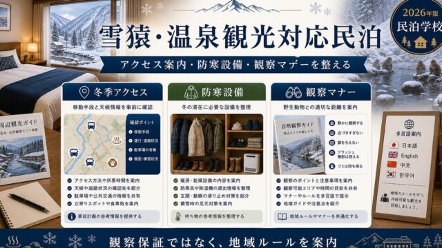 雪猿・温泉観光対応民泊の冬季アクセス、防寒設備、観察マナーを整理した図