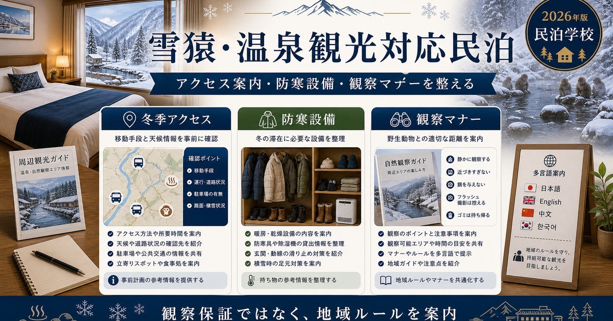 雪猿・温泉観光対応民泊の冬季アクセス、防寒設備、観察マナーを整理した図