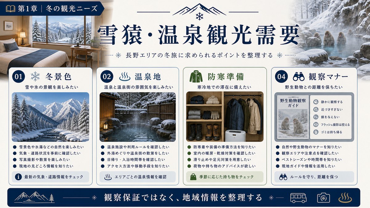 雪猿・温泉観光需要を冬景色、温泉地、防寒準備、観察マナーで整理した図