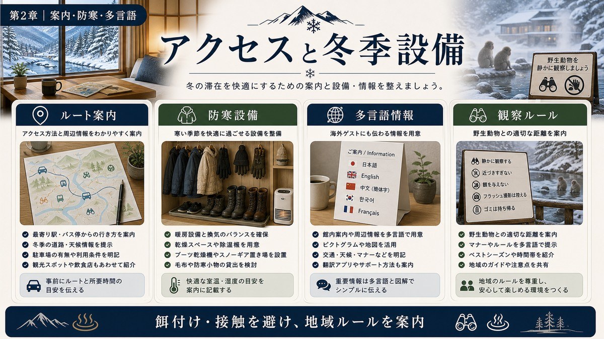 雪猿・温泉観光対応民泊のアクセスと冬季設備をルート案内、防寒設備、多言語情報、観察ルールで整理した図