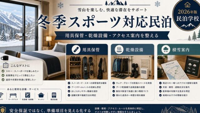 冬季スポーツ対応民泊の用具保管、乾燥設備、積雪案内を整理した図