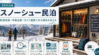 スノーシュー・冬山ハイキング客向け民泊の乾燥収納、早朝出発、ガイド連携、防寒設備をまとめたアイキャッチ画像