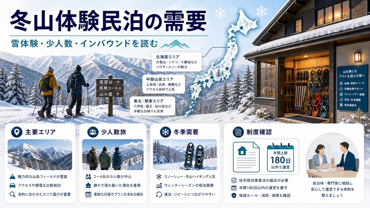 冬山体験民泊の需要を雪体験、少人数旅、冬季需要、制度確認の観点で整理した図解