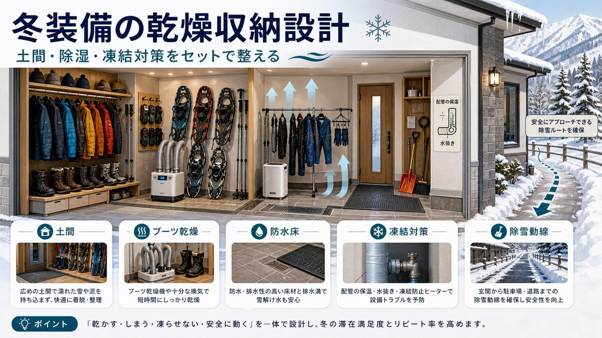冬装備の乾燥収納設計として土間、ブーツ乾燥、防水床、凍結対策、除雪動線を整理した図解