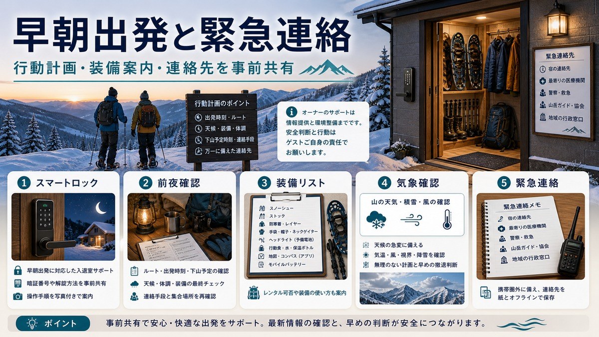 早朝出発と緊急連絡のためにスマートロック、前夜確認、装備リスト、気象確認、緊急連絡を整理した図解