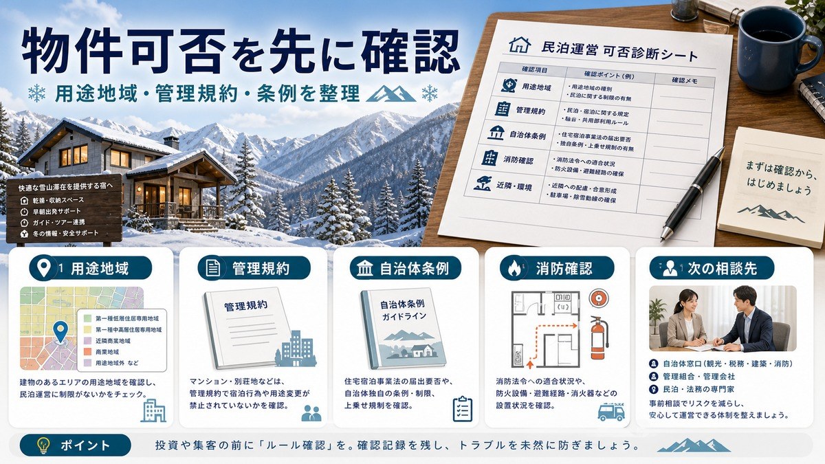 山岳エリア物件で民泊可否を確認する用途地域、管理規約、自治体条例、消防確認、相談先の図解