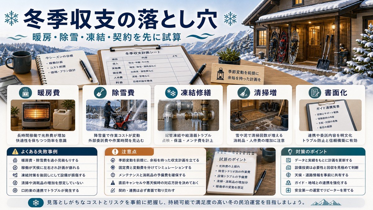 冬季収支の落とし穴として暖房費、除雪費、凍結修繕、清掃増、書面化を整理した図解