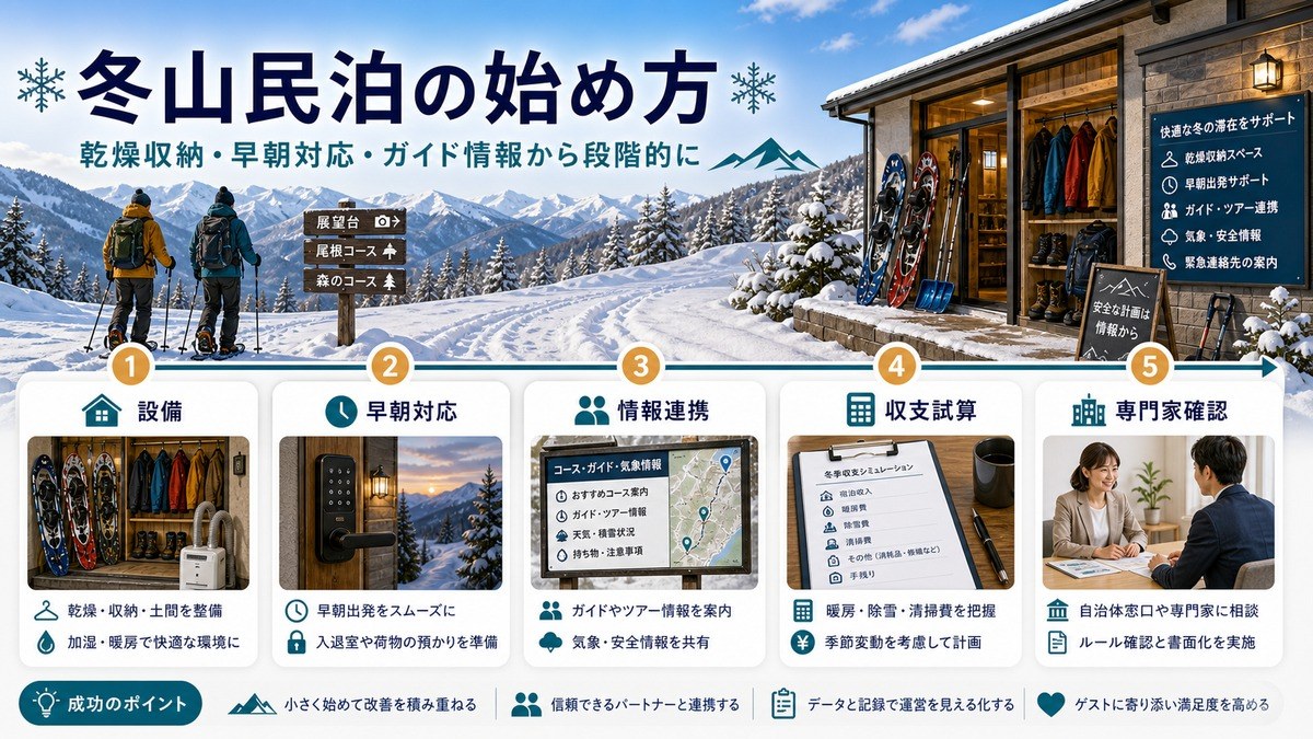 冬山民泊の始め方として設備、早朝対応、情報連携、収支試算、専門家確認を段階的に進めるロードマップ図解