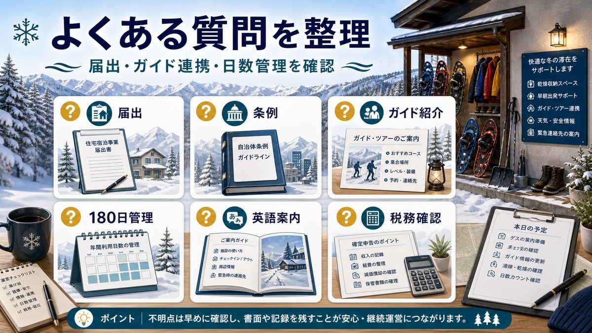 届出、条例、ガイド紹介、180日管理、英語案内、税務確認のよくある質問を整理した図解