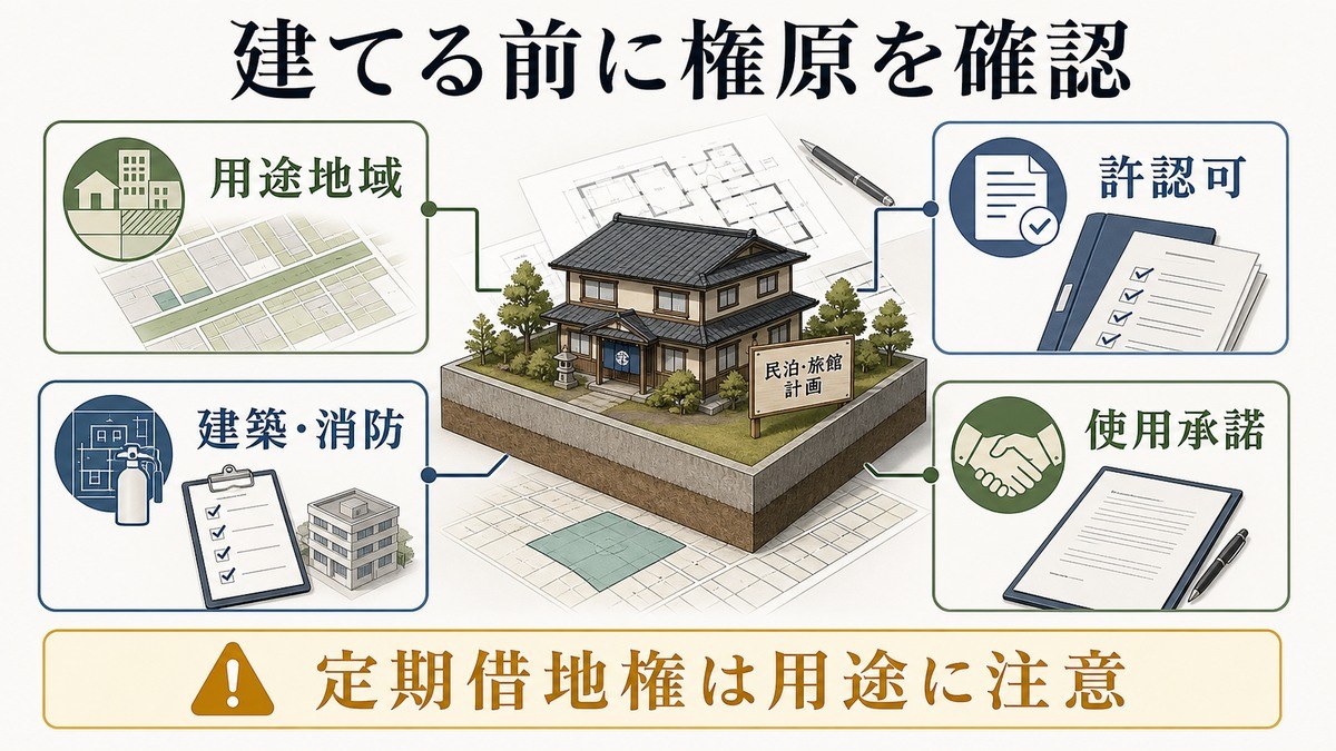 底地に旅館業・民泊の建物を建てるときの法的論点の要点を整理した図解