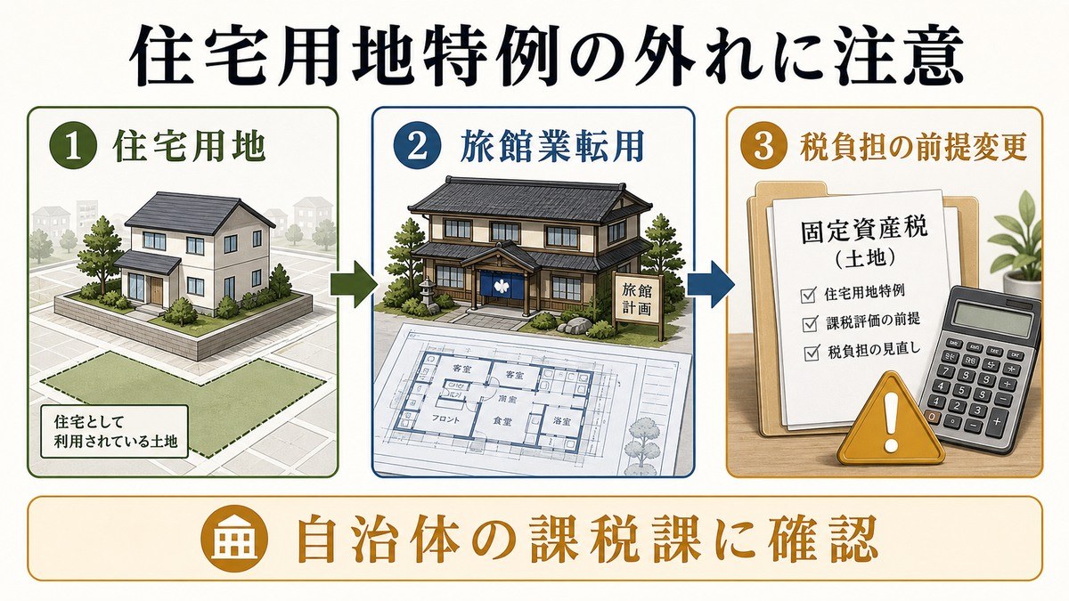 固定資産税の住宅用地特例と旅館業転用の落とし穴の要点を整理した図解