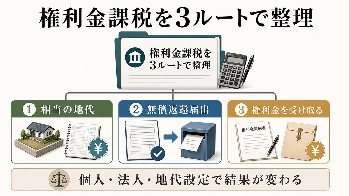 権利金の認定課税・相当の地代・無償返還届出——税務の3つの選択肢の要点を整理した図解