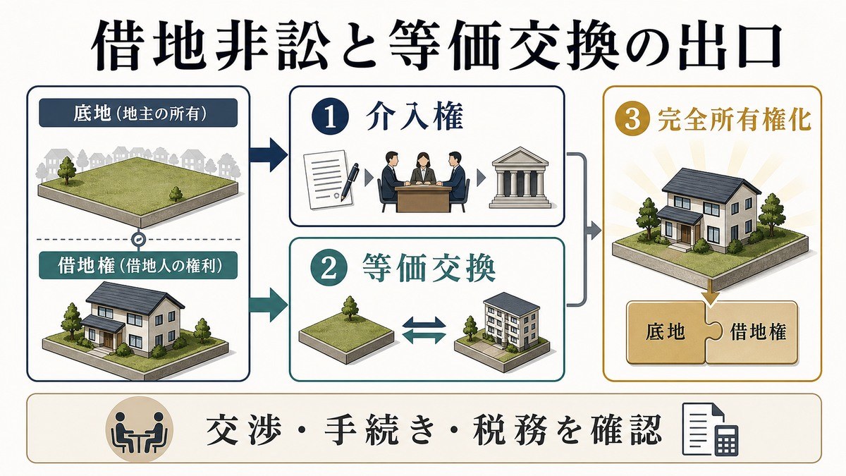 借地非訟の地主側介入権と、等価交換による完全所有権化の要点を整理した図解