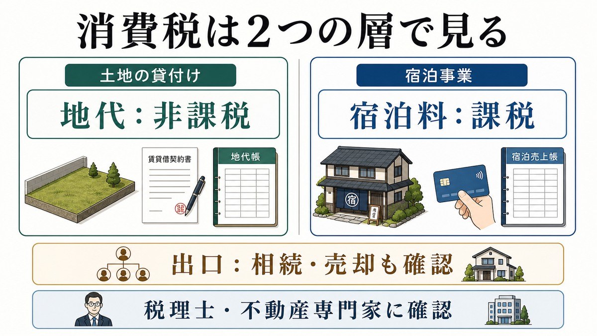 底地×民泊の消費税の二層構造と、相続・売却の出口の要点を整理した図解