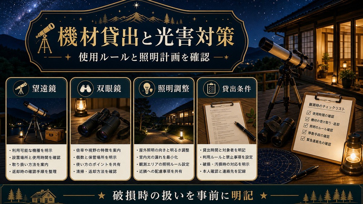 機材貸出と光害対策を望遠鏡、双眼鏡、照明調整、貸出条件で整理した図