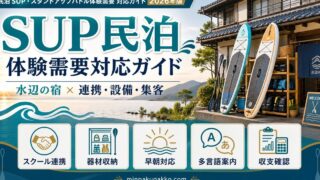SUP・スタンドアップパドル体験需要に対応する民泊運営のスクール連携・器材収納・早朝対応・多言語案内・収支確認を整理したアイキャッチ