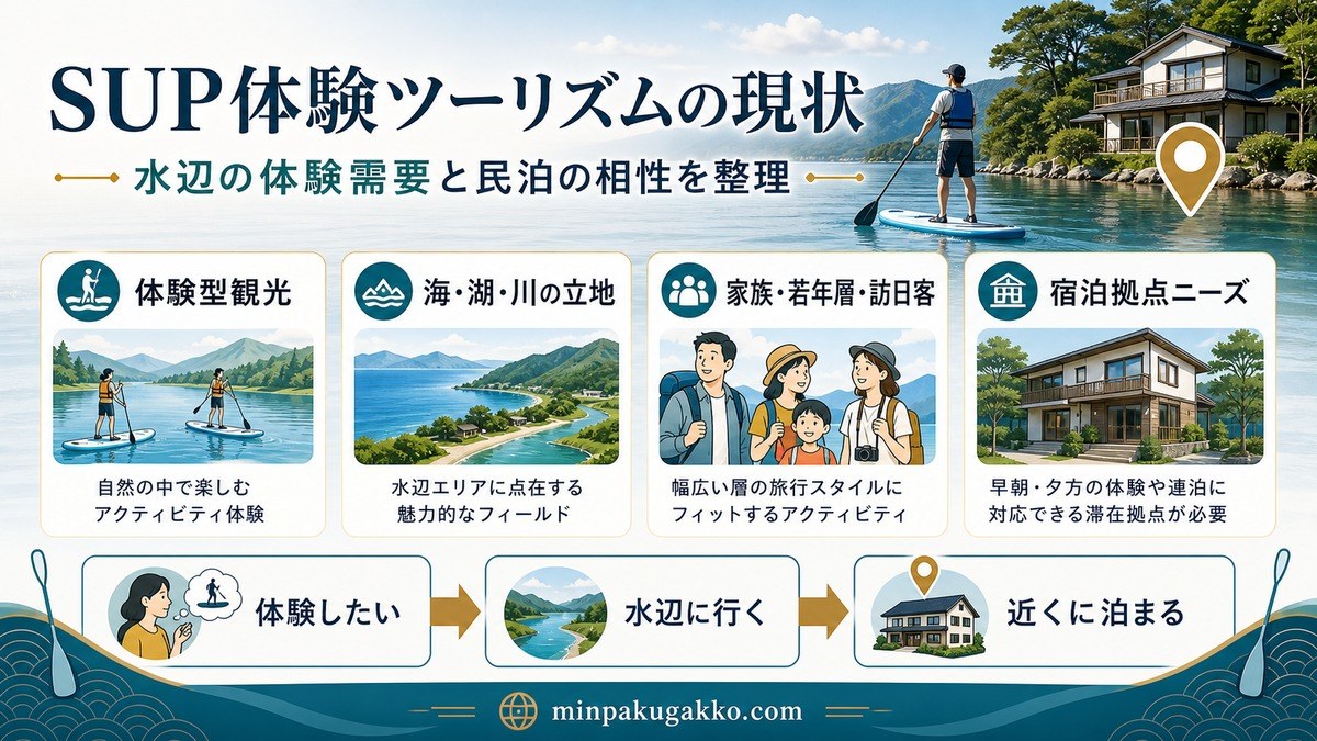 SUP体験ツーリズムと水辺の民泊需要を体験型観光・水辺立地・訪日客・宿泊拠点ニーズから整理した図