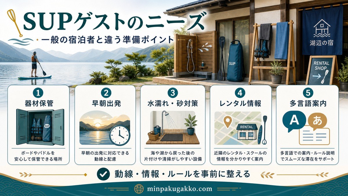 SUP体験ゲストが民泊に求める器材保管・早朝出発・水濡れ対策・レンタル情報・多言語案内の図