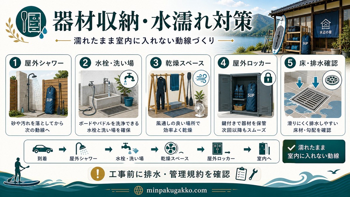 SUP民泊の屋外シャワー・水栓洗い場・乾燥スペース・屋外ロッカー・床排水確認を整理した設備図