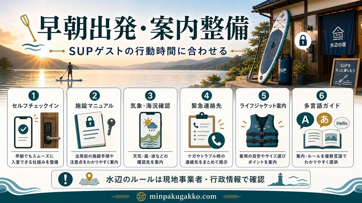 SUPゲスト向けのセルフチェックイン・施錠マニュアル・気象海況確認・緊急連絡先・ライフジャケット案内・多言語ガイドを整理した図