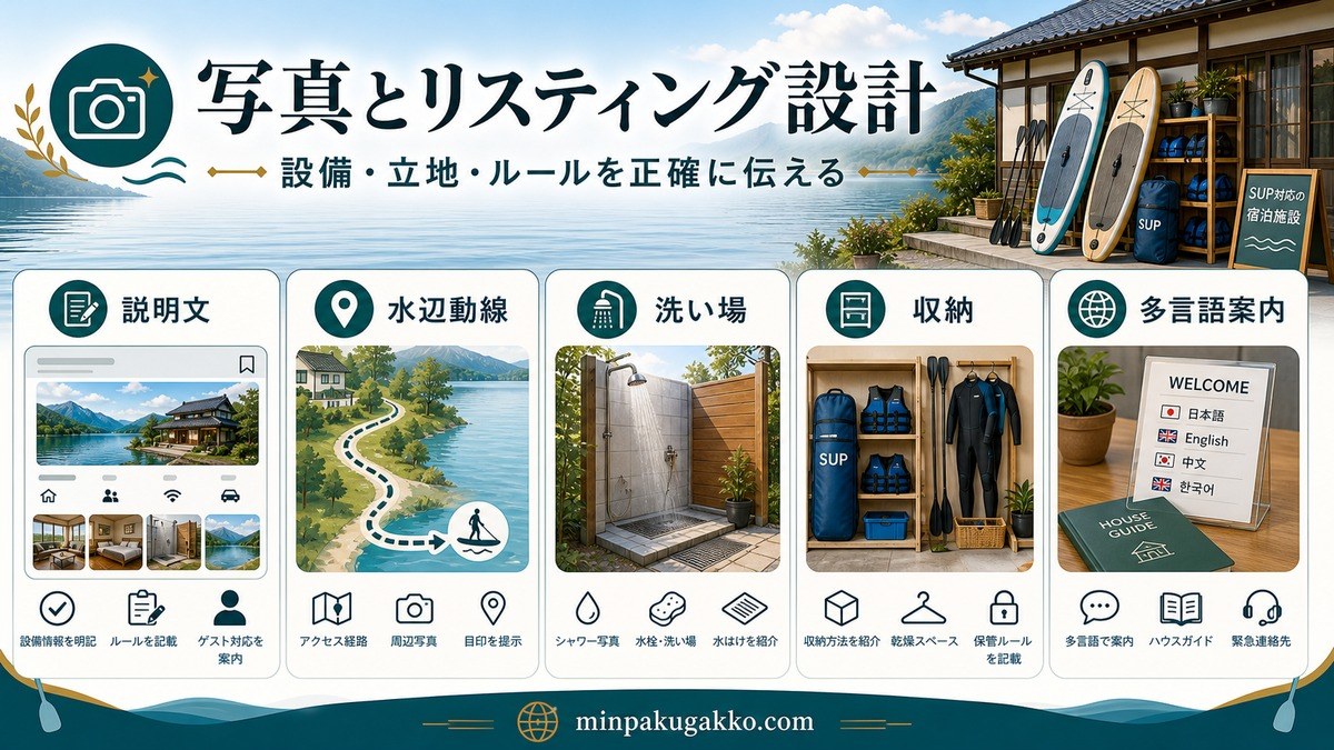 SUP民泊の写真とリスティング設計として説明文・水辺動線・洗い場・収納・多言語案内を整理した図