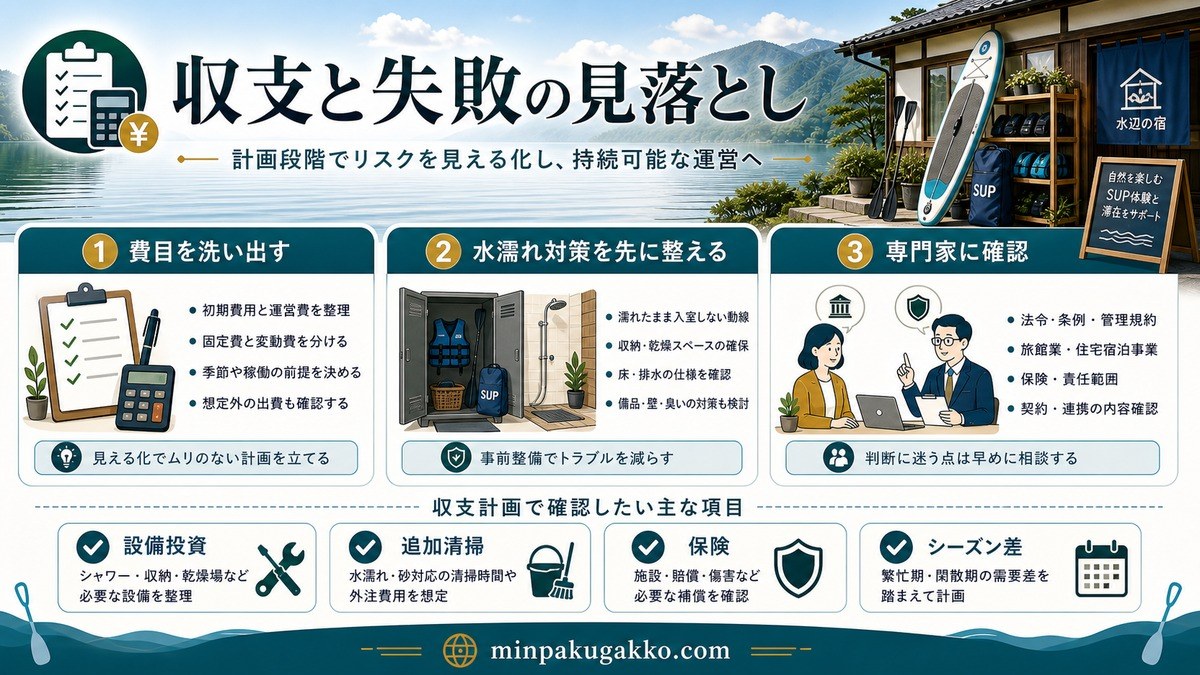 SUP民泊の収支計画で費目洗い出し・水濡れ対策・専門家確認・設備投資・追加清掃・保険・シーズン差を整理した図
