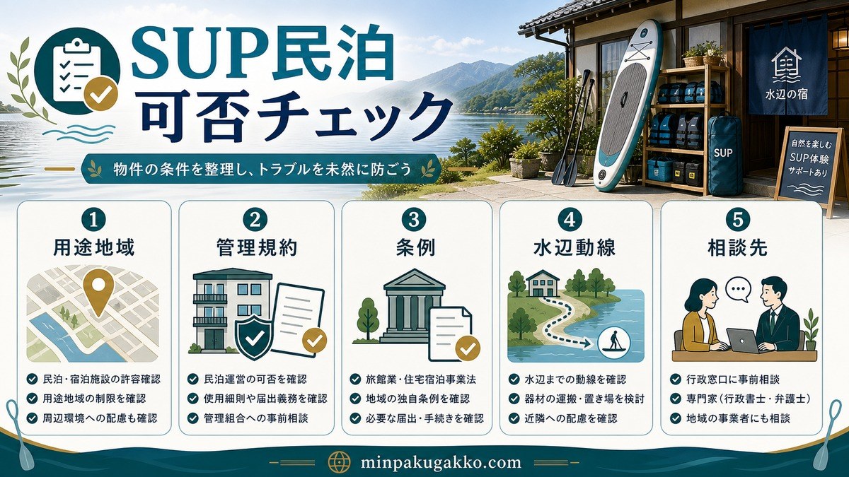 SUP民泊の可否確認で用途地域・管理規約・条例・水辺動線・相談先を整理したチェック図