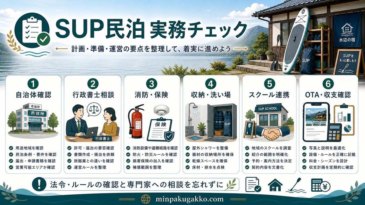 SUP民泊の実務チェックとして自治体確認・行政書士相談・消防保険・収納洗い場・スクール連携・OTA収支確認を整理した図