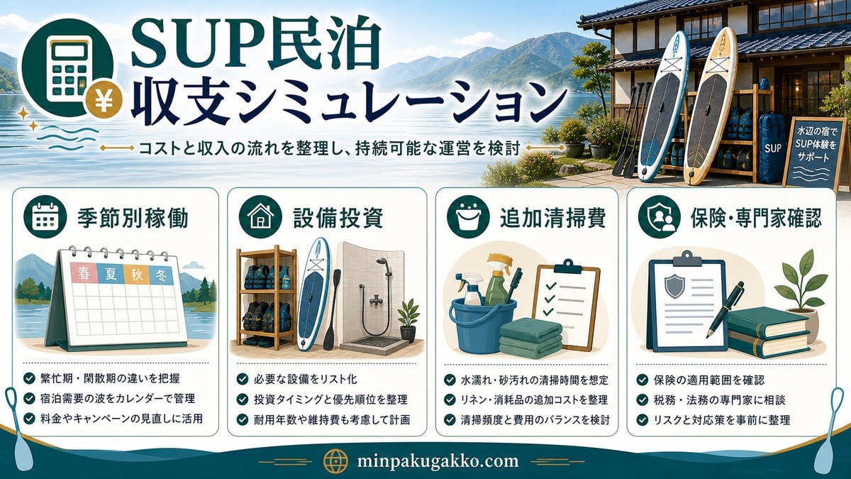 SUP民泊の収支シミュレーションで季節別稼働・設備投資・追加清掃費・保険専門家確認を整理した図