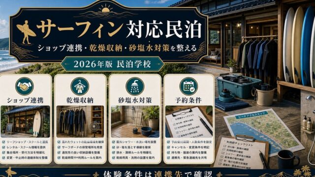 サーフィン対応民泊のショップ連携、乾燥収納、砂塩水対策、予約条件を整理した図