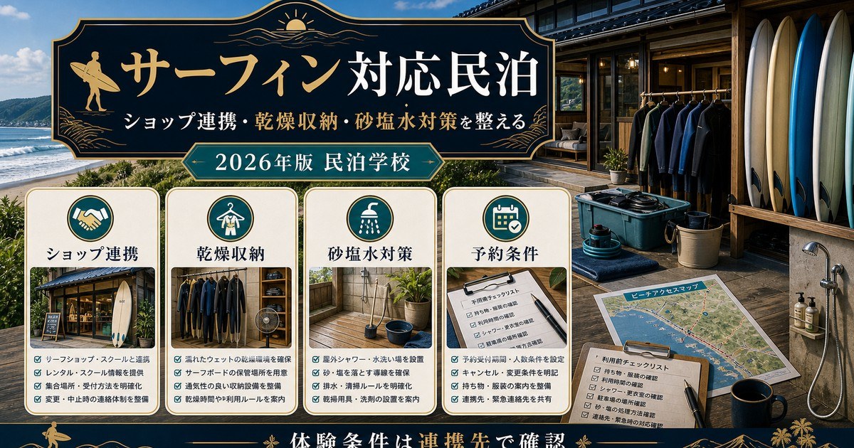 サーフィン対応民泊のショップ連携、乾燥収納、砂塩水対策、予約条件を整理した図