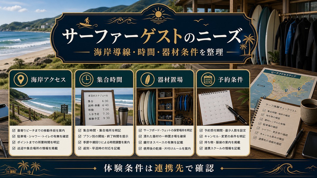 サーファーゲストのニーズを海岸アクセス、集合時間、器材置場、予約条件で整理した図