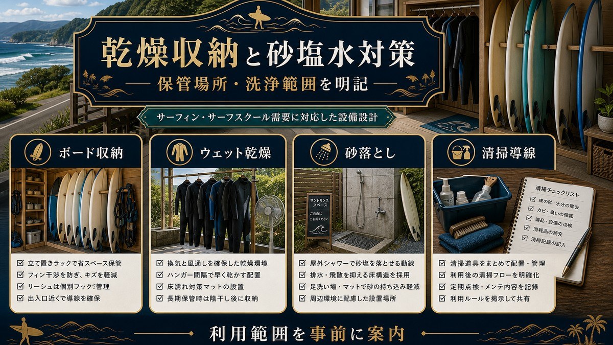 サーフィン向け乾燥収納と砂塩水対策をボード収納、ウェット乾燥、砂落とし、清掃導線で整理した図