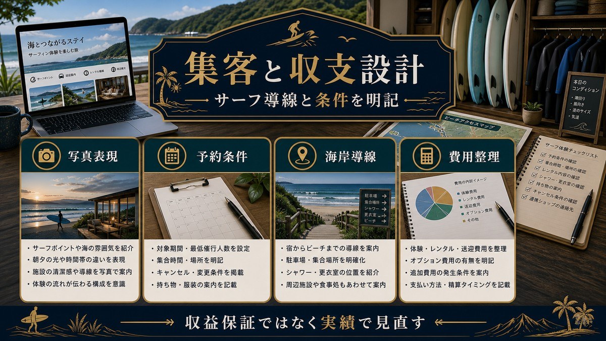 サーフィン対応民泊の集客と収支設計を写真表現、予約条件、海岸導線、費用整理で示した図