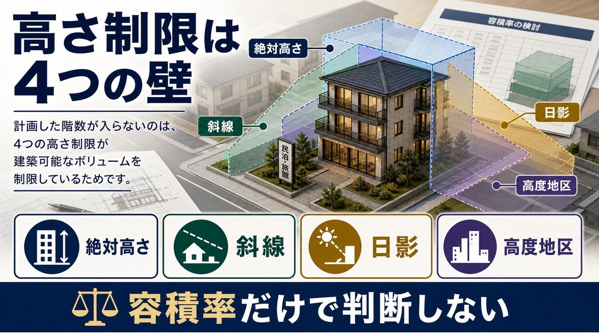 想定の階数が建つか——「建物の高さ制限」という4つの壁の要点を整理した図解