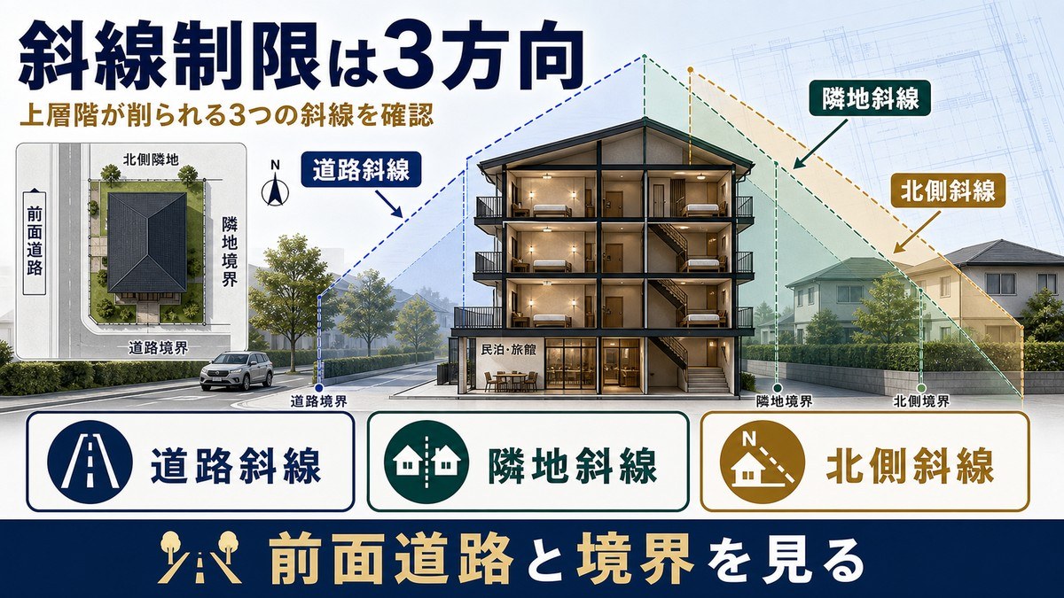 斜線制限——道路・隣地・北側の3つの要点を整理した図解