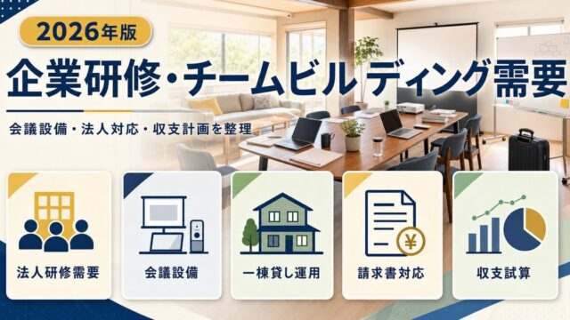 企業研修・チームビルディング需要に対応する民泊の会議設備、法人対応、一棟貸し運用、収支試算をまとめたアイキャッチ画像