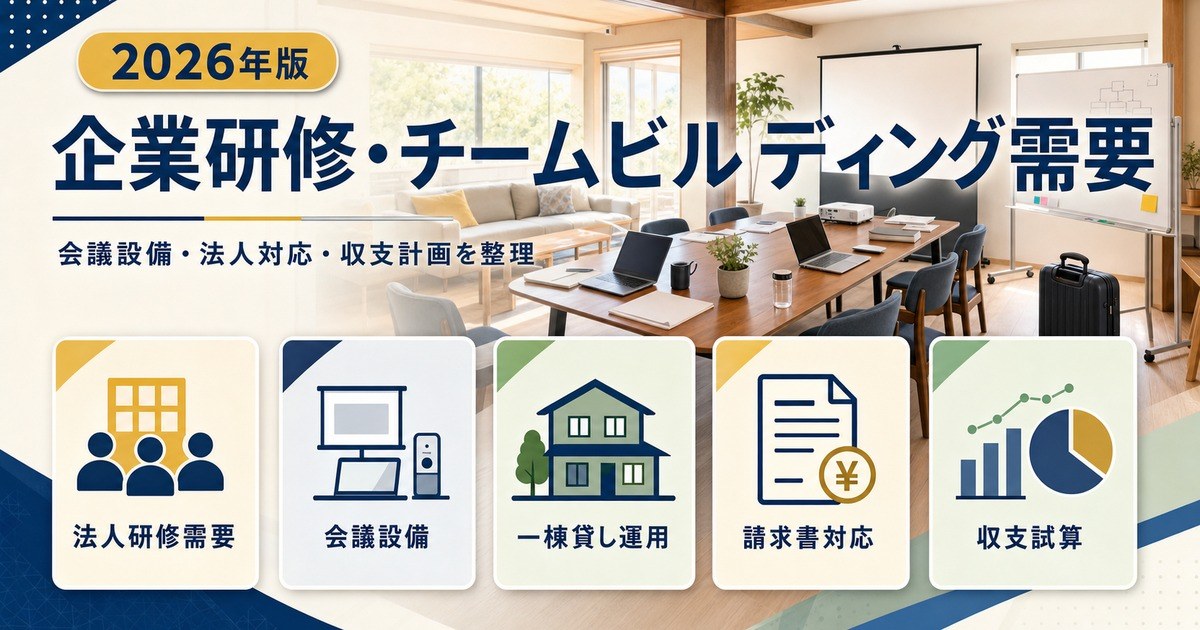 企業研修・チームビルディング需要に対応する民泊の会議設備、法人対応、一棟貸し運用、収支試算をまとめたアイキャッチ画像
